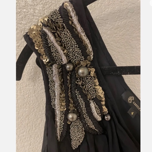 CASTLE STARR Y2K Black 100% Silk Gold/Silver Beaded One Shoulder Top Siz… - Picture 4 of 8